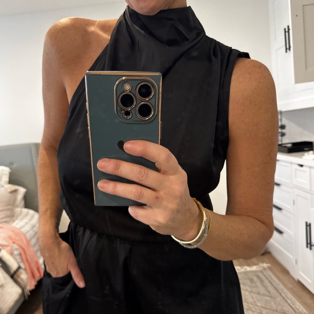 Fancy high neck satin poly Black Women's Romper with pockets